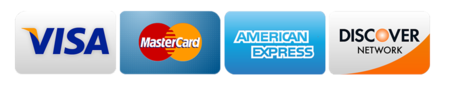 Credit card logos: Visa, MasterCard, AmEx, Discover.